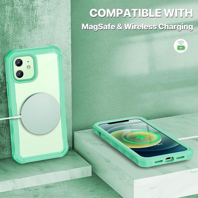 CENHUFO Privacy for iPhone 12 Case/iPhone 12 Pro Case, Full Body Phone Case with Built-in 9H Tempered Glass Privacy Screen Protector and Camera Lens Protector, Shockproof Bumper Clear Cover -Green