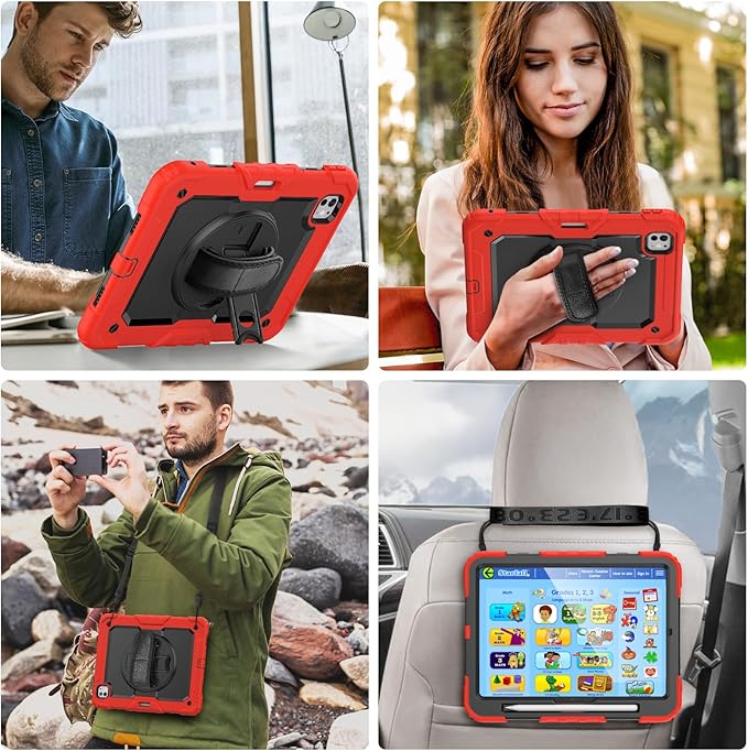Case for iPad Pro 13 7th Generation with Screen Protector | Case Compatible with iPad 13 Inch for Kids Girls Boys | Shockproof Rugged Protective Cover W/Stand Hand Grip Shoulder Strap | Red