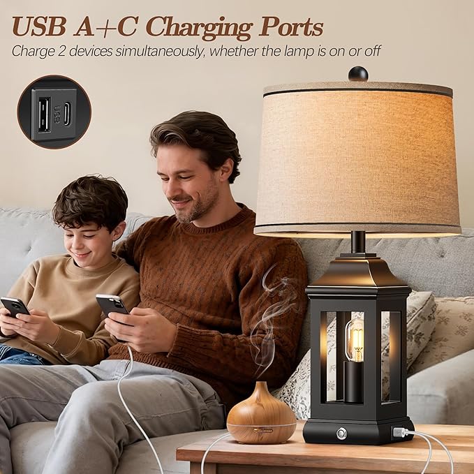24" Rustic Farmhouse Table Lamps for Living Room, Single Pack Touch Dimmable Nightlight Vintage Bedside Lamps with USB A+C Ports & Dual Light Sources for Bedroom Nightstand End Table, Matte Black
