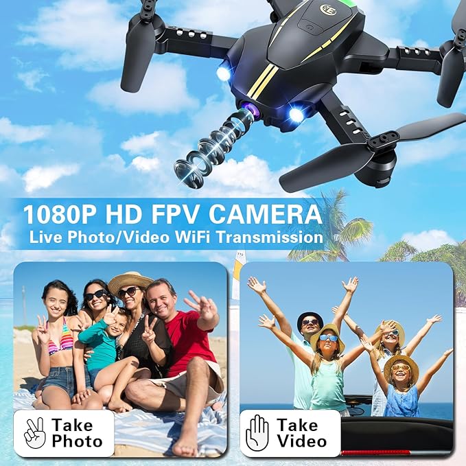Drone with Camera for Kids 1080P HD FPV Foldable Drone for Adults & Beginners, Mini Drone for kids, RC Quadcopter with 2 Batteries, Gravity Control, One Key Take Off/Land, 360° Flip, Waypoint Fly