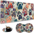 Ergonomic Colorful Dog Paw Prints Extended Mouse Pad 31.5" x 11.8" Set, with Wrist Rest & Lace Coasters, Pain Relief Design, Non-Slip Desk Mat for Home & Gaming