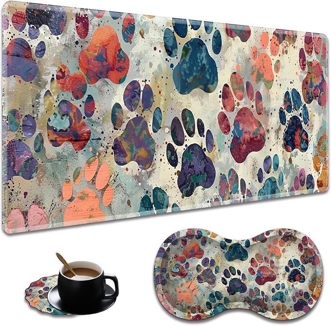 Ergonomic Colorful Dog Paw Prints Extended Mouse Pad 31.5" x 11.8" Set, with Wrist Rest & Lace Coasters, Pain Relief Design, Non-Slip Desk Mat for Home & Gaming