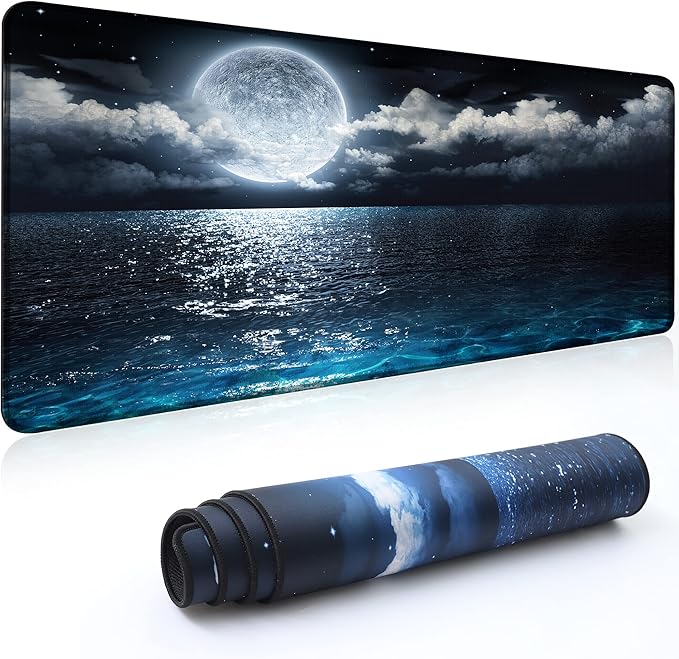 Desk Mat,Large Mouse Pad 35''×15.6'' XXL Extended Gaming Mouse Pad Mat with Non-Slip Base Stitched Eges Mousepad for Computer,Office,Keyboard and Laptop - Moon Ocean