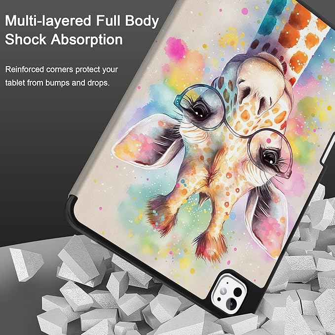 MEEgoodo Case for M5 iPad Pro 11 inch 2025/M4 iPad Pro 11 inch Case 2024, Tablet Cover with Trifold Stand & Pencil Holder & Auto Wake/Sleep & Soft TPU Back Cover, Giraffe