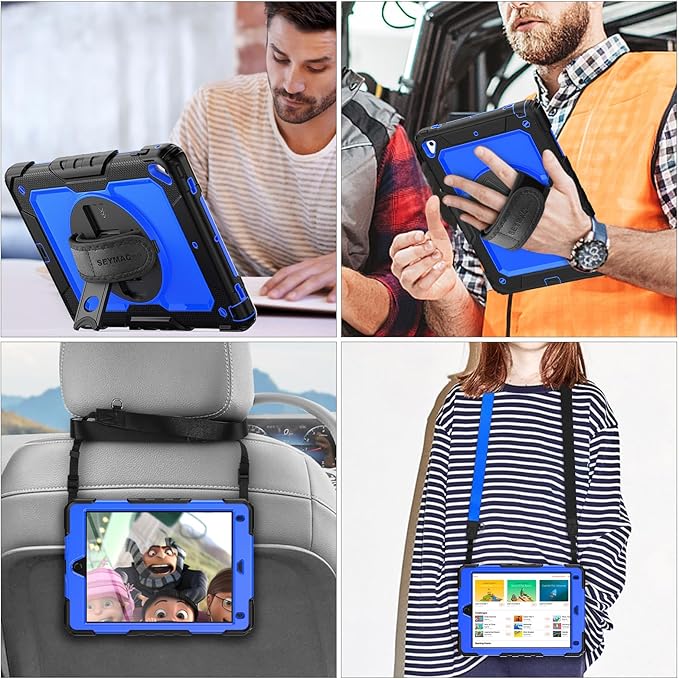 SEYMAC stock Case for iPad 6th / 5th Generation Case/Air 2 / Pro 9.7 inch, Heavy Duty Protective with Screen Protector, with Pencil Holder, Hand Strap, Shoulder Strap, 360 Rotate Stand, Blue+Black