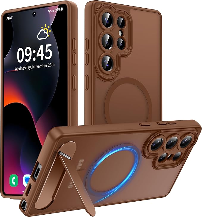 Magnetic for Samsung Galaxy S25 Ultra Case, [Compatible with MagSafe][Full Camera Protection][Built-in Invisible Kickstand] Translucent Matte Phone Case for S25 Ultra 6.9" - Brown