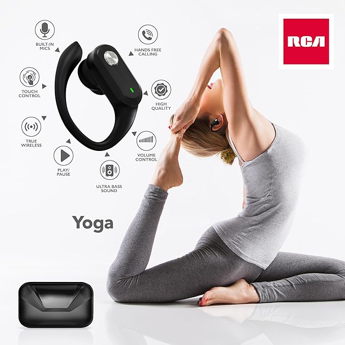 RCA Wireless Earbuds Bluetooth 5.3 Headphones Sport Sweat Resistant Sports Earphones with Earhooks,48H Playtime,Lightweight 7.8g,Fast Charging Case,Noise Cancelling Mic for Running Gym Workout-Black