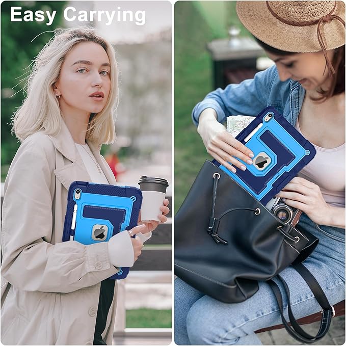 Kids Friendly Case for iPad A16 11th Generation 11 Inch 2025 / iPad 10th Generation 10.9" 2022 Case with Pencil Holder & Shoulder Strap, Hybrid iPad 11 10 Cover Rugged Shockproof Kickstand,Blue