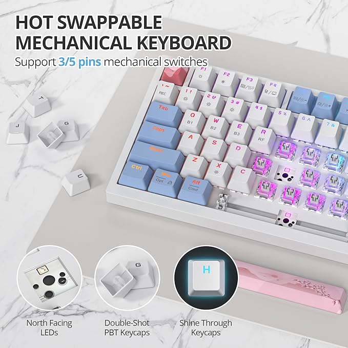 400PRO 75% Wireless Creamy Mechanical Keyboard Pink, Gasket Hot Swappable RGB Gaming Keyboard Bluetooth/2.4GHz/USB-C Cute Key Board with Pre-lubed Cream Grey Switches (82 Pink White)