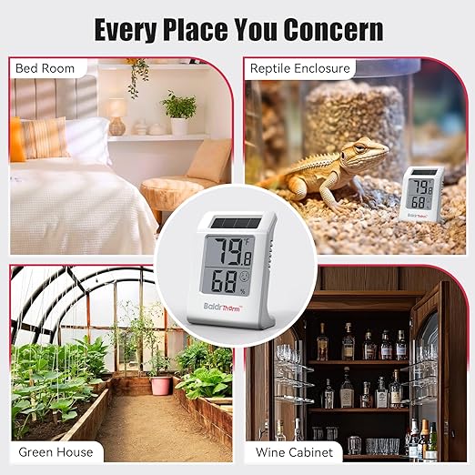 BaldrTherm 2.2'' Digital Thermometer and Hygrometer Meter, Solar-Powered Indoor Temperature Sensor Humidity Monitor, Humidity Gauge for Baby Rooms, Bedrooms, Home, Office, and Wine Cellars, 3Pack