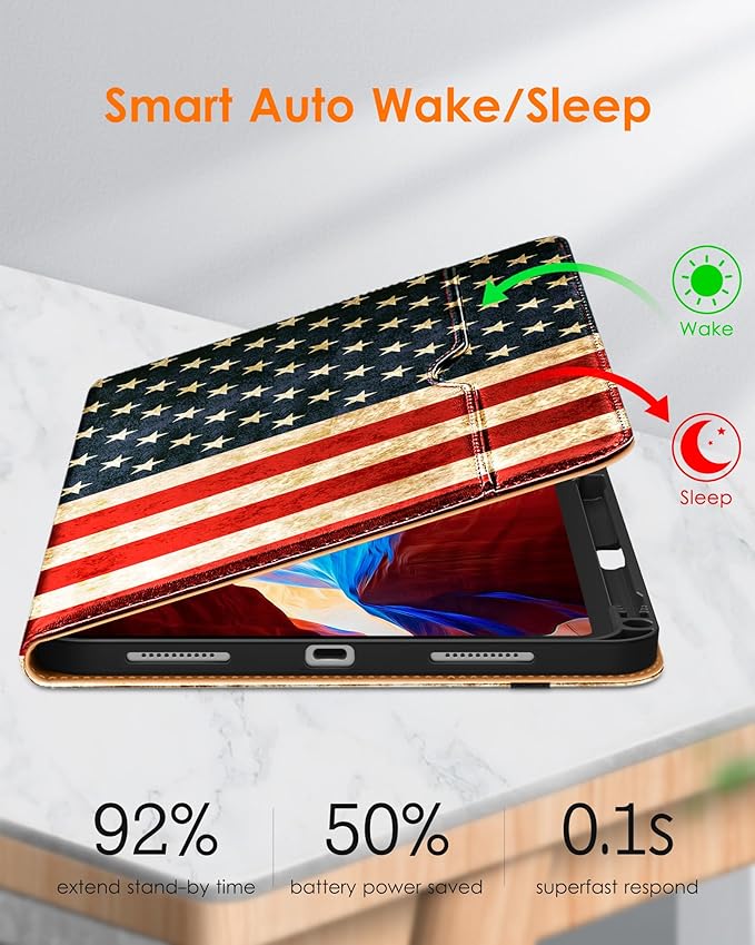 DTTO for iPad Pro 11 inch Case (M5/M4) 2025/2024, Premium Leather Business Folio Stand Cover with Pencil Holder - Auto Wake/Sleep and Multiple Viewing Angles, US Flag