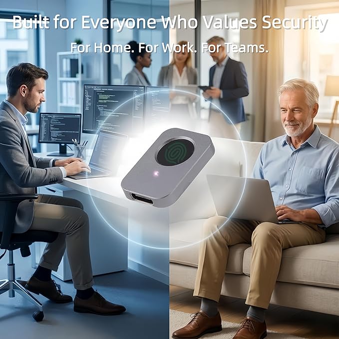Windows Hello Fingerprint Reader for Windows 11 10, Offline Physical Security Vault for PC, USB Biometric Fingerprint Scanner, 360° Touch Secure Login & Data Encryption Device for Laptop Sliver