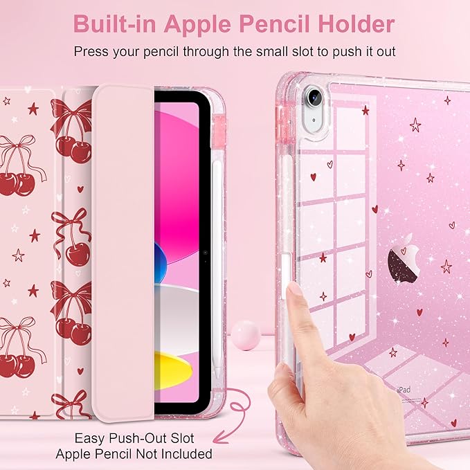 DONGKE for iPad Pro 11 inch Case – Fits M5 2025 / M4 2024, Shockproof Sparkling Glitter Acrylic Back, Pencil Holder, Trifold Stand, Auto Sleep/Wake & Touch ID Support - Cherry & Bow