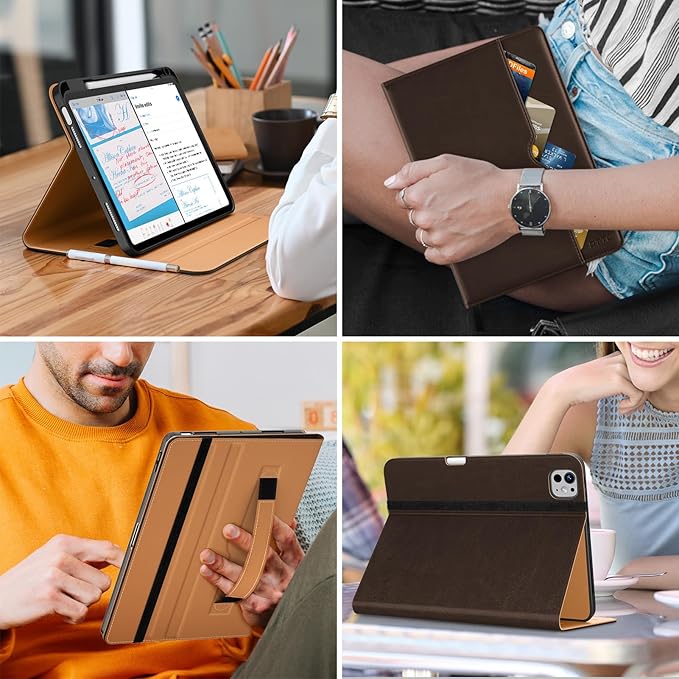 DTTO for iPad Pro 11 inch Case (M5/M4) 2025/2024, Premium Leather Business Folio Stand Cover with Pencil Holder - Auto Wake/Sleep and Multiple Viewing Angles, Dark Brown