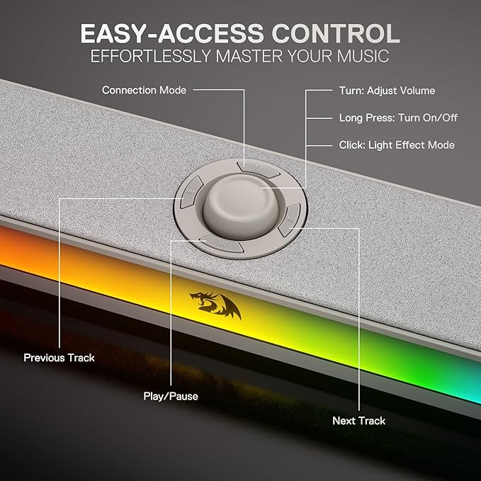 Redragon GS515 RGB Desktop Soundbar, 2.0 Channel Stereo Computer Speakers for Desktop with BT 5.3, USB-C/USB Powered, Gray