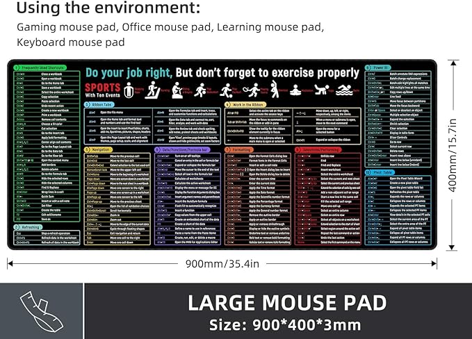 Rinaze Large Mouse Pad With Excel Shortcuts Cheat Sheet, Excel Tips Desk Mat, XXL Gaming Mousepad Keyboard Pad, Office Accessories for Computer, Mac, PC and Laptop