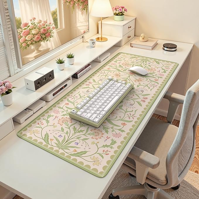 iLeadon Desk Matt for Desktop, Large Floral Stitched Edges Long Full Desk Mat for Laptop, Soft Mouse Pad for Keyboard, Green Desk Keyboard Mat for Office Home Beige/Green