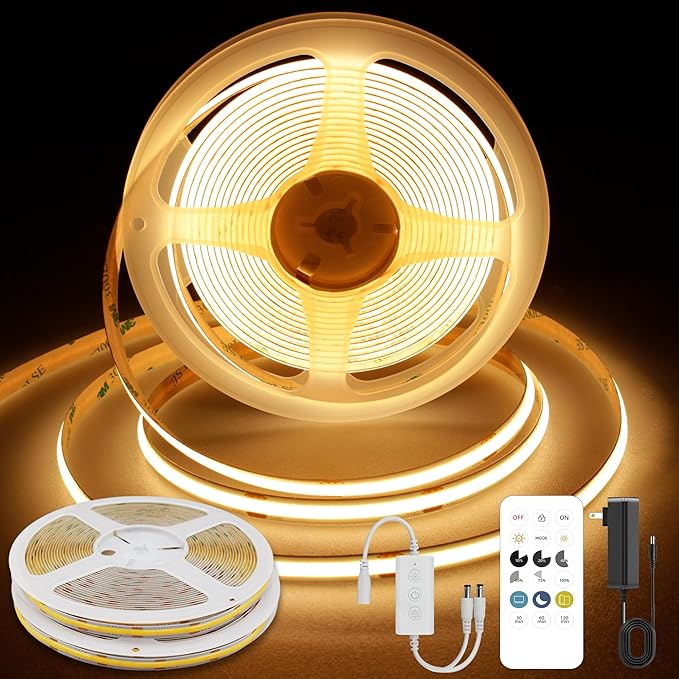 Pandery COB LED Strip Lights Warm White,24V Dimmable led Light Strip KIT with Remote and app Control,2700K 32.8FT/2 * 5m 8mm Wide Ra>90 Cuttable Flexible Strip Lights for Bedroom,Wardrobe,Cabinet