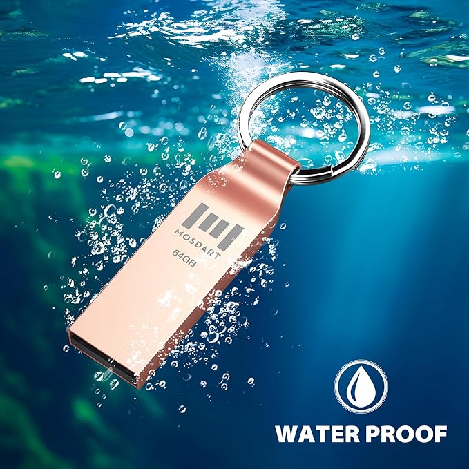 MOSDART Waterproof 64GB USB2.0 Flash Drive, exFAT Metal Memory Stick with Keychain, for System Back, Data Storage, Rose Gold(Pack of 2)