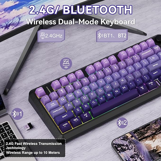 ZIYOU LANG M75 Wireless Gaming Keyboard, RGB Backlit Rechargeable 2000mAh Battery, Small Membrane But Mechanical Feel Keyboard with Smart Display & Knob, PBT Gradient keycaps for PC, MAC-Grape Purple