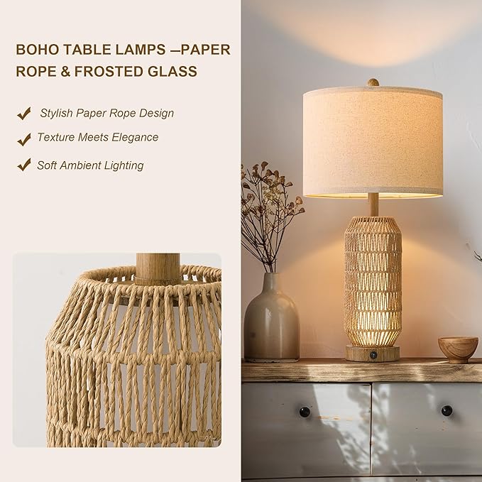 OYEARS 25" Table Lamps Set of 2 with Night Light,Bedside Lamps for Bedroom,Boho Lamps with USB C+A Charging Ports,Farmhouse Table Lamp with Rattan,Frosted Glass,Linen Shade,Wood Grain (Bulb Included)