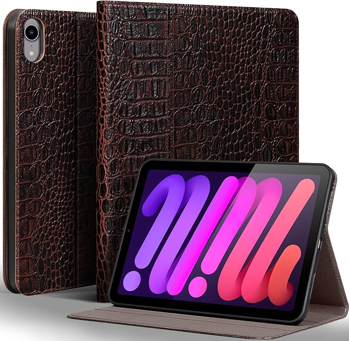 Gexmil Leather Case for iPad mini 7 (A17 Pro) 2024 / iPad mini 6 Generation 2021 8.3 Inch,Premium Cowhide Cover with Adjustable Stand, Auto Wake/Sleep,Brown Crocodile