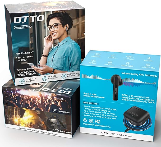 DTTO J-10 Active Noise Cancelling Earbuds with 60ms Low-Latency Game Mode, Wireless Charging Case Bluetooth 5.2 Auto-Pairing Touch-Enabled Voice-Assistant, Immersive Sound Deep Bass IPX8 Sweatproof