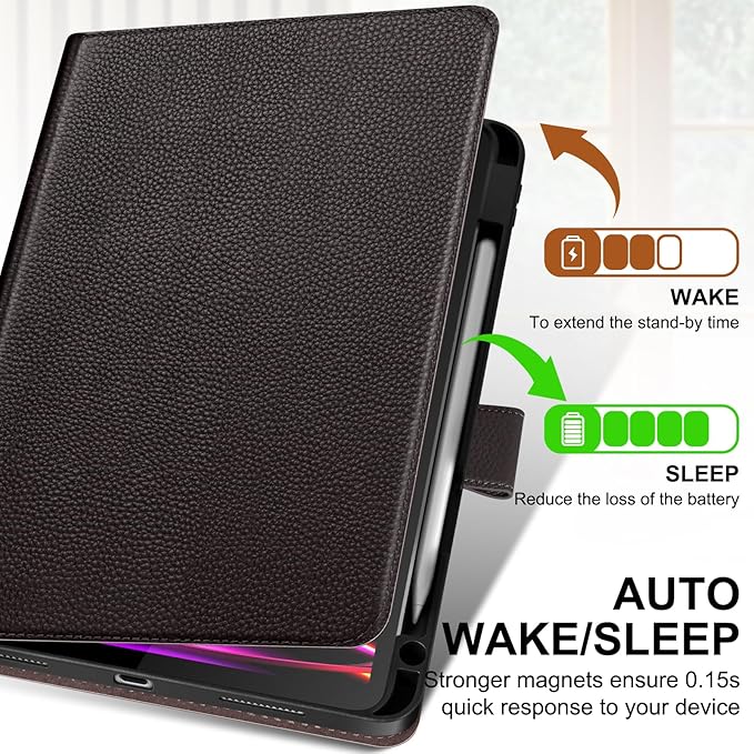 Genuine Leather Case for iPad Pro 11 Inch 4th/3rd/2nd/1st Generation 2022/2021/2020/2018 | with Pencil Holder and Adjustable Stand, Magnetic Closure, Auto Wake/Sleep Cover | Dark Brown