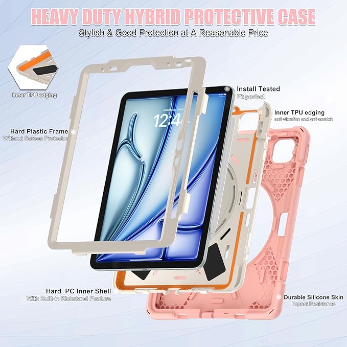 SCSVPN Kids Case for iPad Air 11 Inch M4/M3/M2 (2026/2025/2024), iPad Air 10.9'' 5th/4th Gen 2022/2020, iPad Pro 11 4th/3rd/2nd/1st Gen, Protective Cover with Pen Holder, Stand, Shoulder Strap, Pink