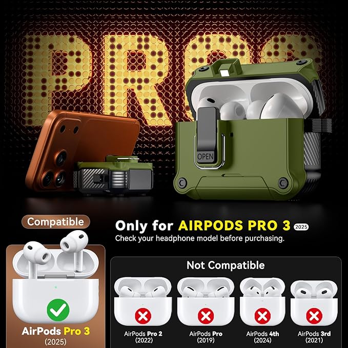 Inesore Compatible with AirPods Pro 3 Generation Case,Secure Lock & Phone Stand Design,Compatible with MagSafe,Automatic Snap Switch Secure Cover for New AirPods Pro 3rd (2025)-Dark Green