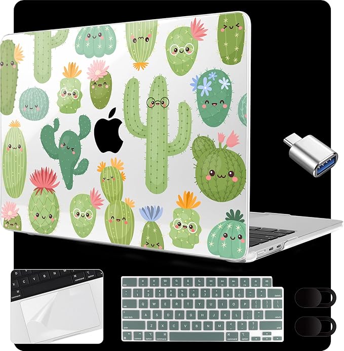 MEEgoodo Case for M5/M4/M3/M2 MacBook Air 15 inch Case 2026 2025 2024 2023, Laptop Shell Fit Model (A3448/A3241/A3114/A2941) for MacBook Air 15.3-inch, Smiley Cactus