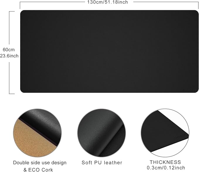 Chihein 51” x 24” Cork & PU Leather Desk Mat (Black) - Large Mouse Pad, Double Sided Waterproof Desk Pad Protector for Gaming, Office, Home