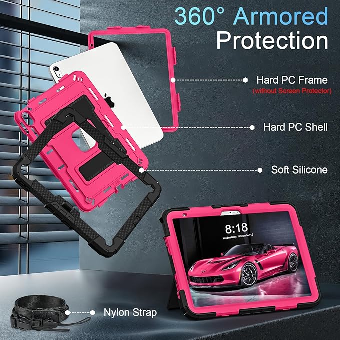 for iPad (A16) 11th/10th Generation 11/10.9 Inch 2025/2022 iPad Case 11th/10th Generation with Pencil Holder,Heavy Duty Shockproof Cover for i Pad 11th/10th Gen,Black Pink