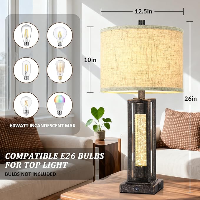 TOBUSA 26’’ Farmhouse Table Lamp for Living Room, Rustic Vintage Tall Nightstand Lamp for Bedroom with 2 USB Ports and Crystal Night Light, Retro Bedside Lamp for End Table Entryway Home Deco, Bronze