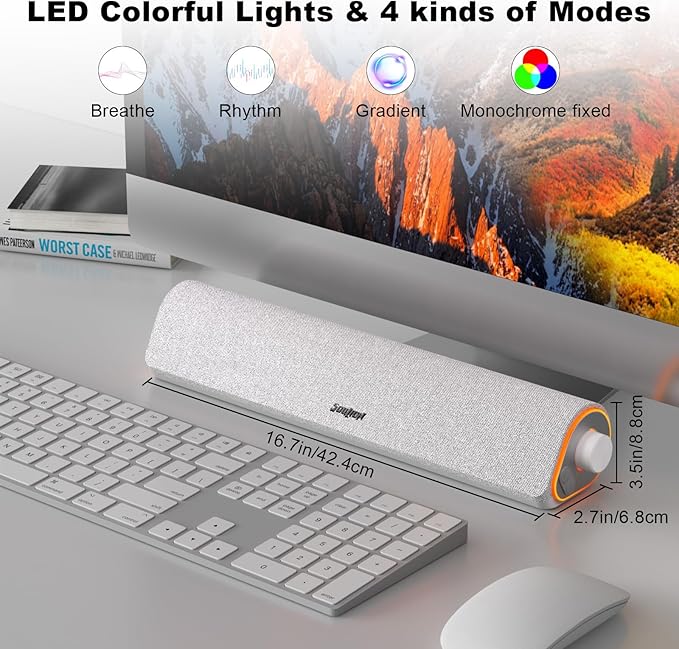 SOULION R50 Bluetooth Computer Speakers, 3.5mm PC Sound Bar for Desktop Monitor, Wired USB Powered & Colorful LED Lights with Switch Button, Surround Sound Soundbar PC Spearkers for Computer, White