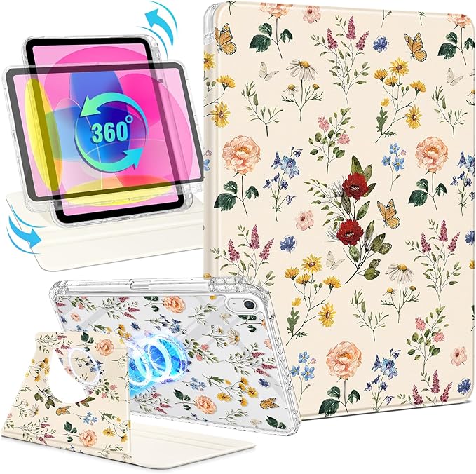 Shorogyt for iPad A16 11th Generation 11 inch 2025 /for i Pad 10th Generation case Magnetic Stand for Women - Cute Design 360 Degree Rotating Covers Girls Kids with Pencil Holder,Retro Flower