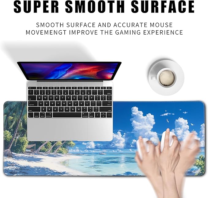 Desk Pad Gaming Mouse Pad Beach Large for Desk Computer Pc Laptop Office Decor, Mouse Keyboard Mat Stitched Edges Non-Slip Rubber 31.5x11.8 in