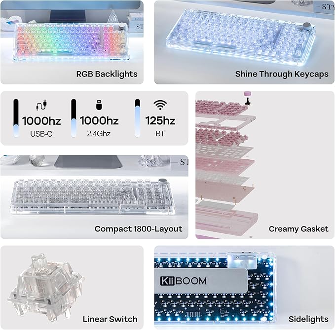 KiiBoom Phantom 98 Crystal Mechanical Gaming Keyboard, Transparent Keyboard with RGB Backlits, Hot-Swappable, Shine Through Clear Keycaps, 3 Modes Wireless, 8000mAh Battery, NKRO for Win/Mac (Clear)
