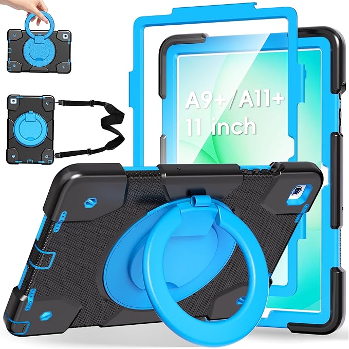 Andnary Case for Samsung Galaxy Tab A9+/A9 Plus Case 11 Inch with Screen Protector/360° Rotating Stand/Pen Holder/Shoulder Strap, Shockproof Cover for Tablet A9+ 5g (Black+Blue)