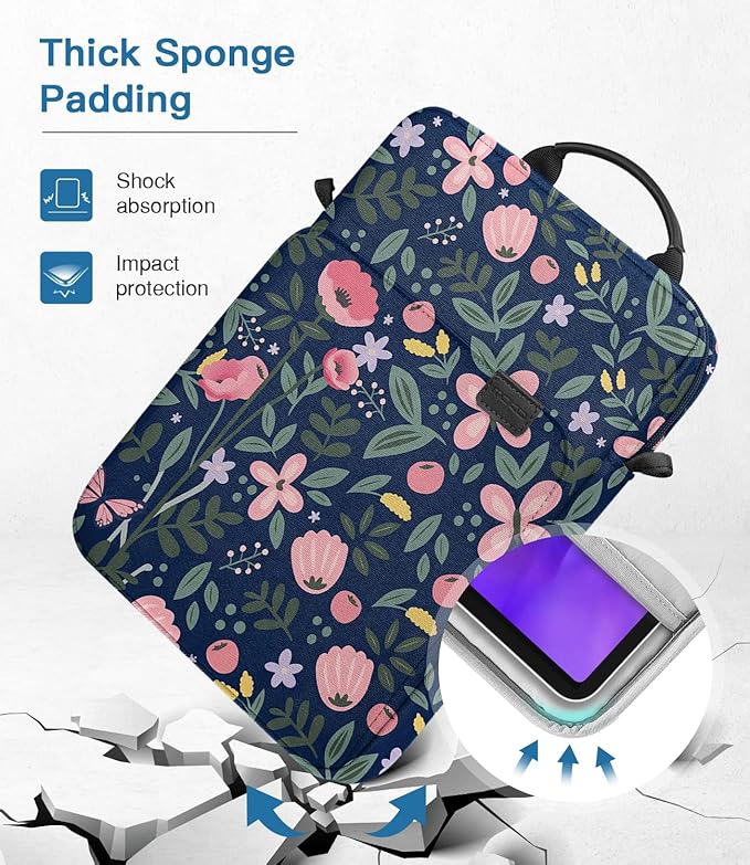 MoKo 9-11 Inch Tablet Sleeve Bag Handle Carrying Case with Shoulder Strap Fits New 11-inch iPad Pro M5/iPadAir M3, i-Pad 10th 10.9, iPad 9/8/7 10.2, i-Pad Air 5/4th 10.9, Tab S8/S9 11, Floral Indigo