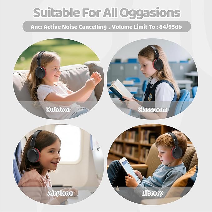 MIDOLA Kids Bluetooth Headphones Active Noise Cancelling,Volume Limited 85/94dB,Over Ear Foldable with Mic Aux Cord,Lightweight Wireless Headphone for Kid Toddler Child Pad Tablet Black