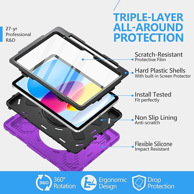 Case for iPad (A16) 11th/10th Generation Case: Protective Cover for iPad 11th Gen 11 Inch 2025 &10th Gen 10.9" 2022 with Screen Protector- Stand- Shoulder Strap- Handle- Pencil Holder-Black+Purple