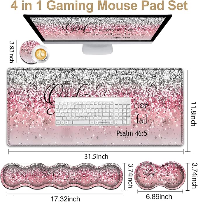 Desk Pad, Large Gaming Mouse Pad Extended Thick Writing Pads, Ergonomic Keyboard Wrist Rest with Non-Slip Rubber Base Office Desk Mat 31.5"×11.8", Psalm 46-5 Verse Pink Sparkles Glitter Mousepad