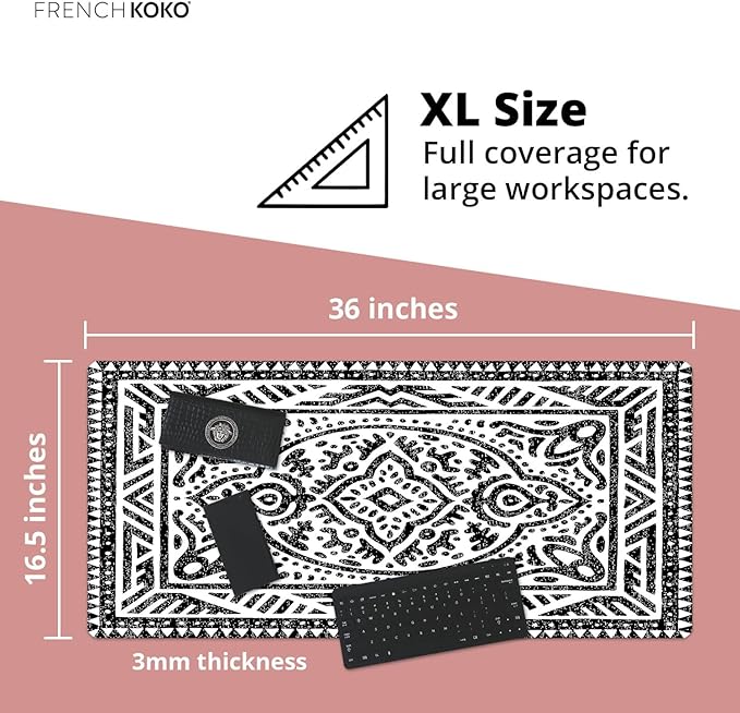 French KOKO Desk Mat, Large Desk Pad Large Mouse Pad Cute Desk Accessories Home Office Essentials XL Desk Mat Desk Pad Keyboard Mouse Desk Pads Computer Cute Women Girls (Black White Rug, 36" x 16.5")