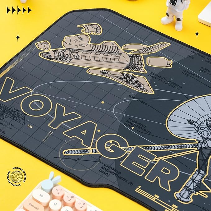 BelugaDesign Space Desk Pad | Voyager Spaceship Moon Galaxy Science SciFi Nerdy Mouse Pad | Large Gray Gold Keyboard Laptop Gaming Mousepad | Machine Washable Non-Slip Desk Blotter Protector Mat