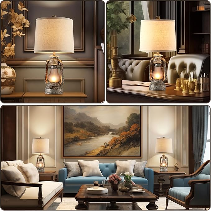 Farmhouse Rustic Table Lamps for Living Room Set of 2, Vintage Lantern Table Lamp with Dual USB Ports, Retro Nightstand Lamp for Bedroom Bedside, 4 Bulbs Included (Iron Gray)