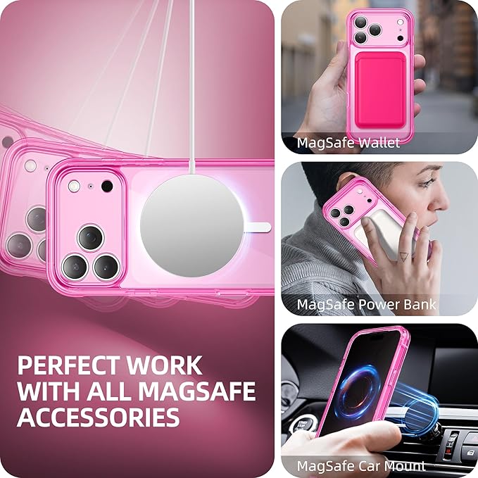 BERFY for iPhone 17 Pro Case, Compatible with MagSafe, Built-in Privacy Screen Protector, Camera Protection, Shockproof Full Body Phone Case 6.3", Clear Bright Pink