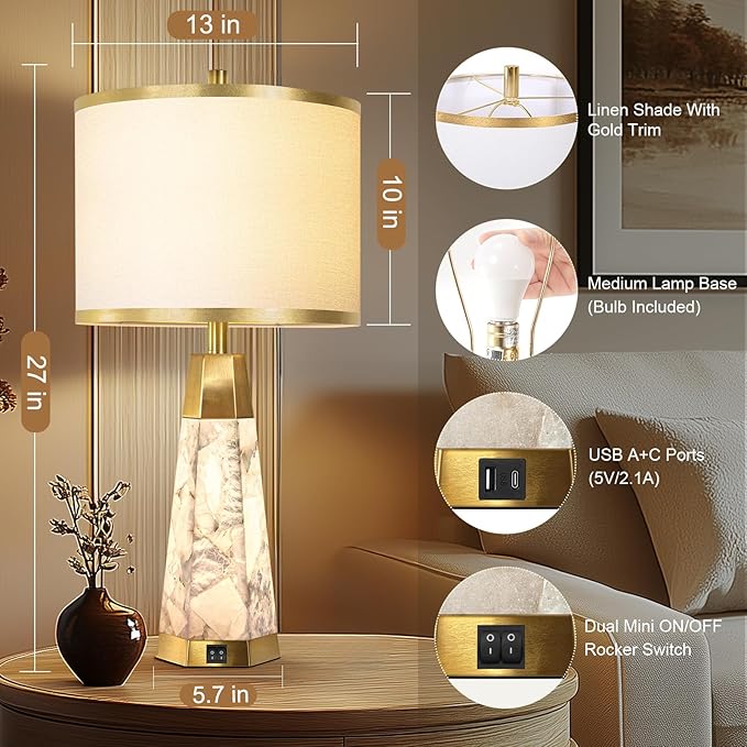 KIVDITZO 27" Alabaster Table Lamps Set of 2 - Lamps for Living Room with Night Light, Bedside Lamps with White Linen Shade, Nightstand Table Lamp with USB A+C Port for Bedroom Office (Bulb Included)