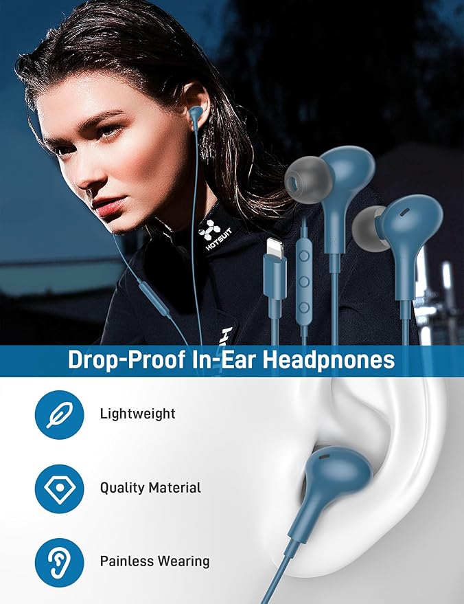 iMangoo for Apple MFi-Certified Headphones for Lightning Wired Earbuds Magnetic Ear Buds with HiFi Bass,3 Ear Tips Mic Corded Earphones for Gym, Commuting for iPhone 14 Plus 13 12 11 Pro Max Lake Blue