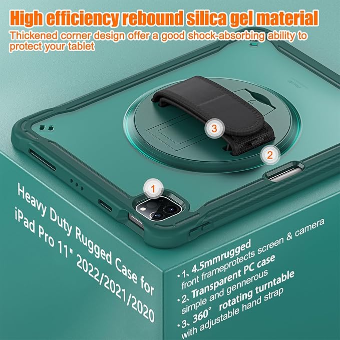 Batianda Case for iPad Pro 11-inch 2022 4th M2 Chip /2021 (3rd Generation) Heavy Duty Rugged Shockproof Tablet Cover with 360° Rotating Hand Strap Foldable Hidden Stand & Shoulder Strap, Teal